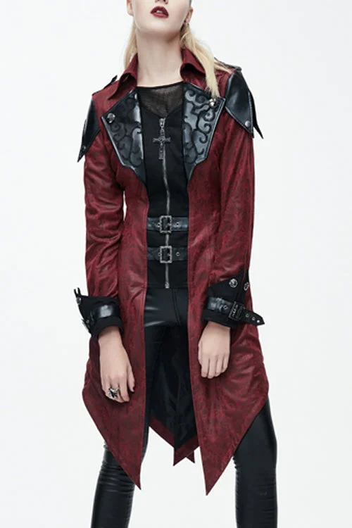 Punk Black And Red Applique Womens Hooded Leather Long Coats Warmth-Enhanced Parka
