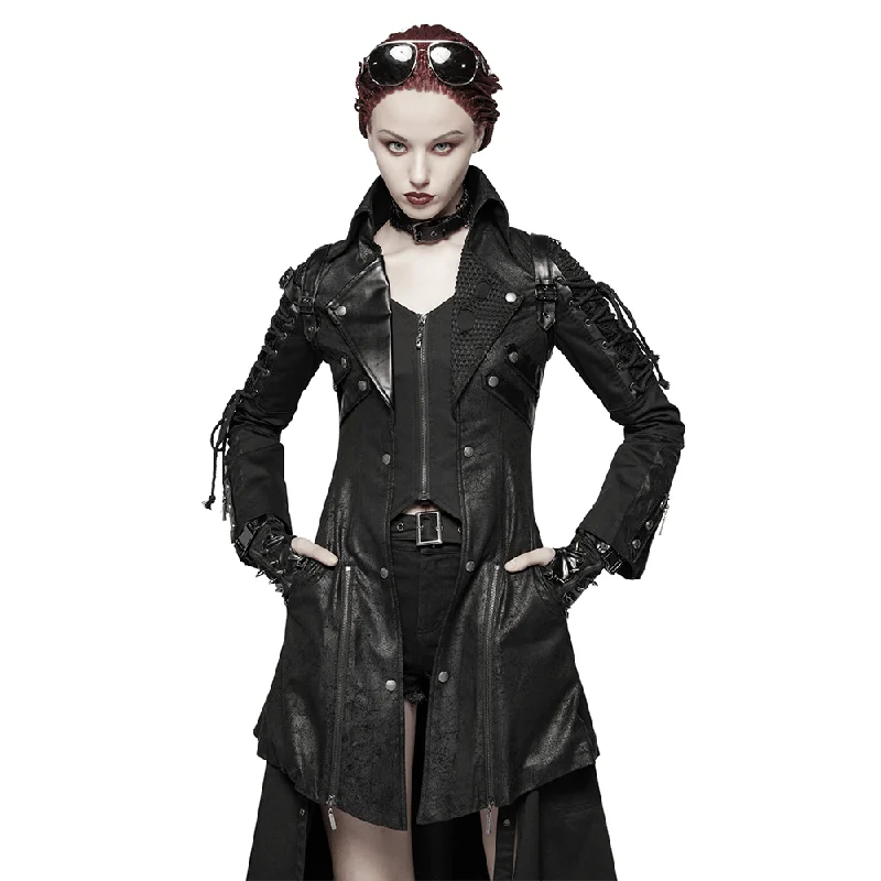 Punk-Inspired Rubberized Coat with Laces Detail Checkered Wool Shacket