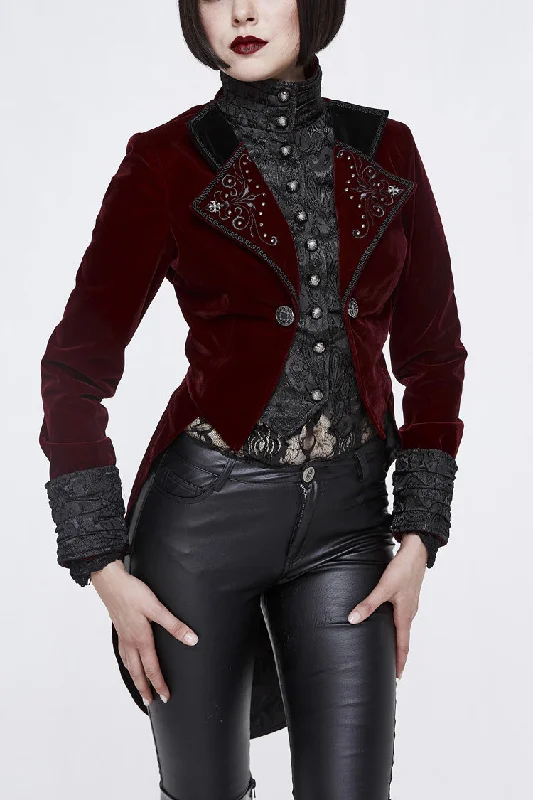 Red/Black Jacquard Lapel Embroidered Metal Nail Velveteen Swallowtail Women's Gothic Coat Cozy Knitted Poncho
