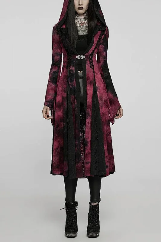 Red/Black Long Trumpet Sleeves Stitching Hooded Womens Gothic Vintage Coat Lightweight Windbreaker Red/Black Long Trumpet Sleeves Stitching Hooded Womens Gothic Vintage Coat Lightweight Windbreaker
