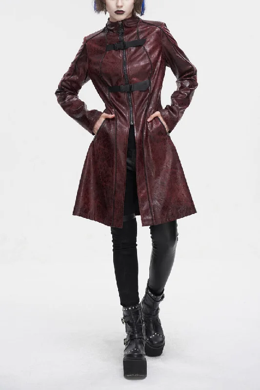 Red Double Buckle Faux Leather Long Women's Punk Coat Stretchy Active Jacket