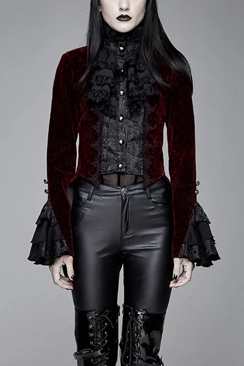Red Jacquard Velvet Womens Swallow Tailed Gothic Coats Ultra-Soft Sherpa Vest