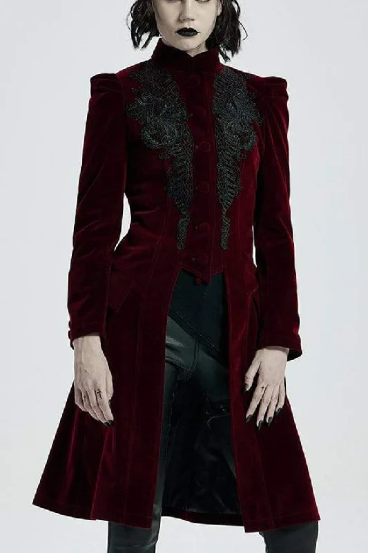 Red Gothic Velvet Stand Up Collar Front Chest Decals Back Waist Lace Up Women's Coat Knit Longline Duster Red Gothic Velvet Stand Up Collar Front Chest Decals Back Waist Lace Up Women's Coat Knit Longline Duster