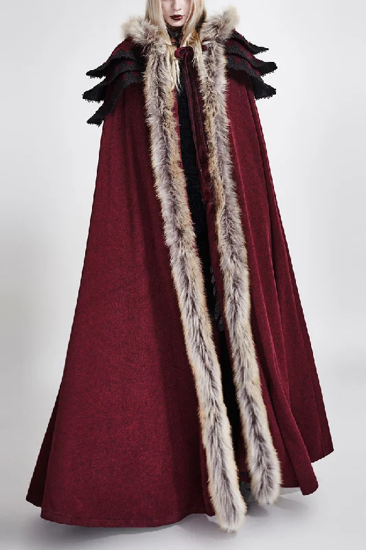 Red Hooded Fur Collar Wool Long Womens Gothic Coat Cloak Hooded Raincoat Women