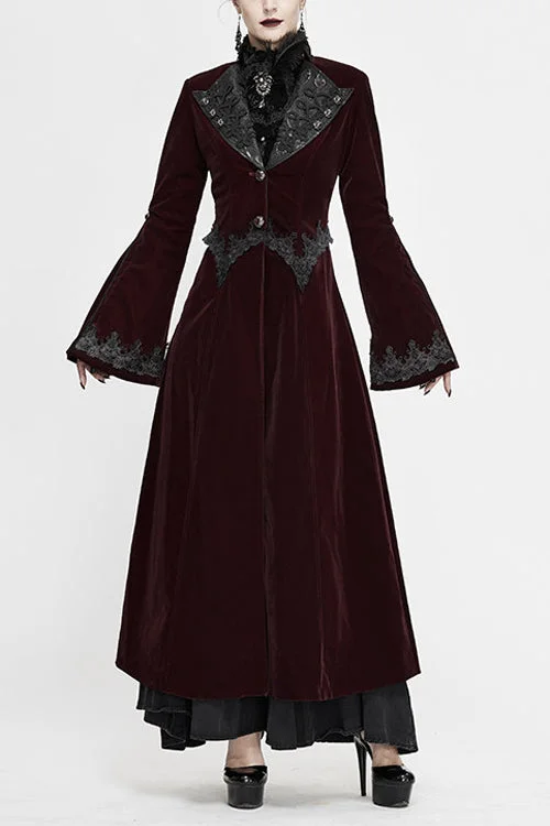Red Lace Flared Sleeves Velvet Long Womens Gothic Coat Quilted Hybrid Jacket