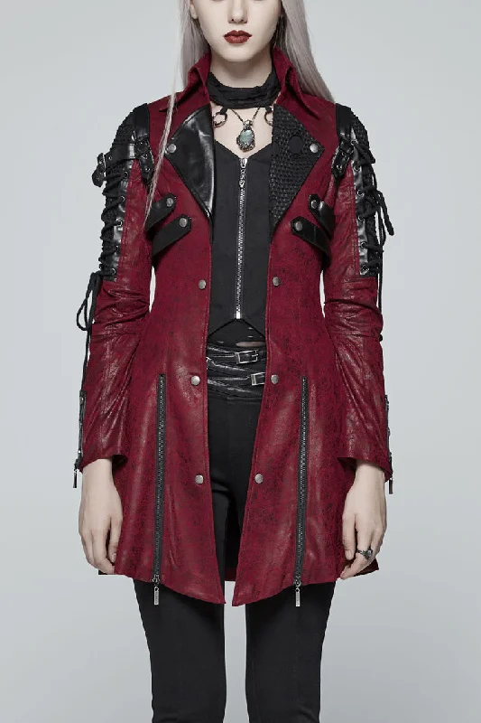 Red Metal Buckle Decoration Zipper Womens Steampunk Windbreaker Coat Elegant Cape Blazer Red Metal Buckle Decoration Zipper Womens Steampunk Windbreaker Coat Elegant Cape Blazer