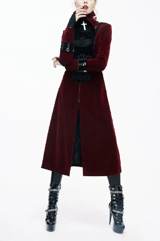 Red Stand Collar Retro Stage Costume Women's Gothic Coat Draped Longline Jacket