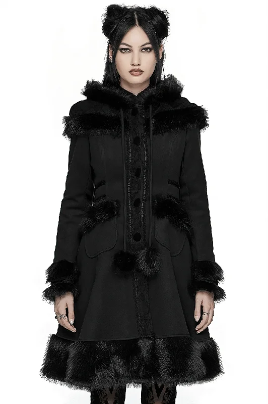 US SALE of Women's Faux Fur-Trimmed Gothic Hooded Woolen Coat Knit Longline Duster
