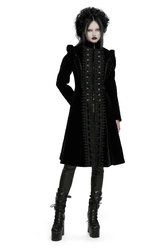 Velvet Gothic Coat with Lace Panels and Ruffle Accents Insulated Snow Jacket