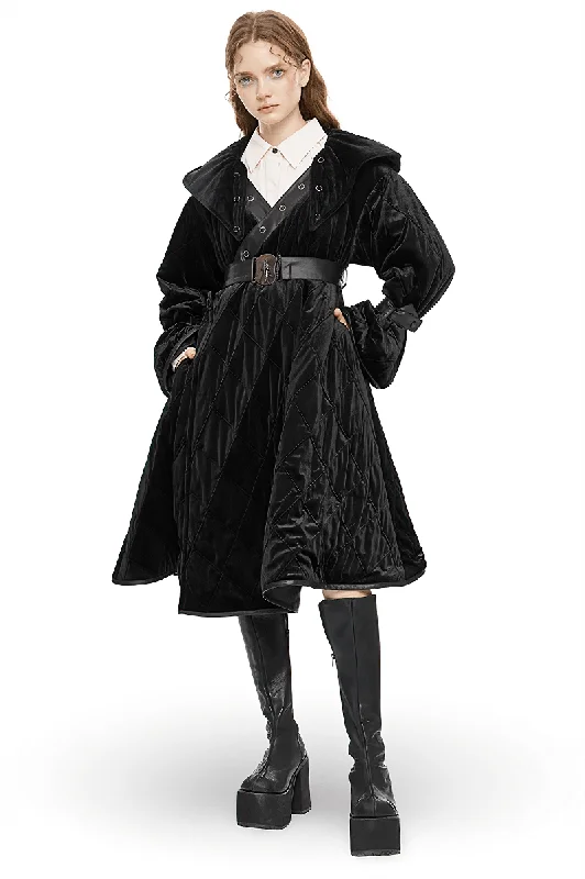 Velvet Gothic Hooded Long Coat With Detachable Leather Belt Military-Inspired Jacket Velvet Gothic Hooded Long Coat With Detachable Leather Belt Military-Inspired Jacket