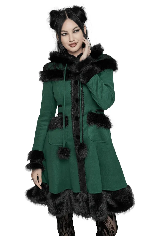 Velvet Hooded Coat with Faux Fur Trim and Bow Accent Belted Midi-Length Coat