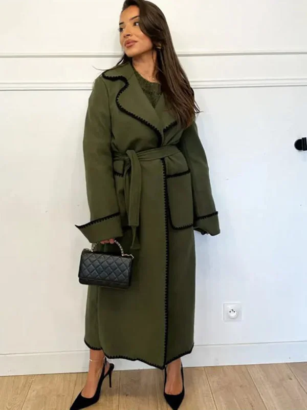 Women's new long-sleeved lapel wool lace-up coat Cozy Fleece Hoodie