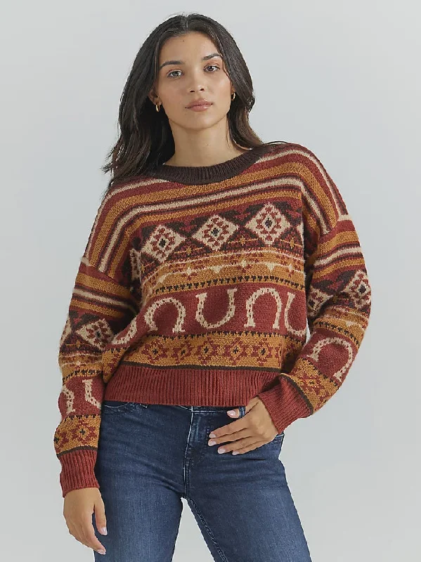 LADIES RETRO SOUTHWESTERN HORSESHOE PRINT PULLOVER Honey Neck Pullover