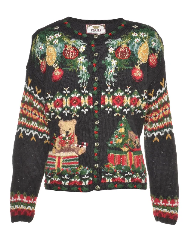 2000s Teddy Bear Design Christmas Cardigan - L Cable Knit Ribbed Knit Lace Knit