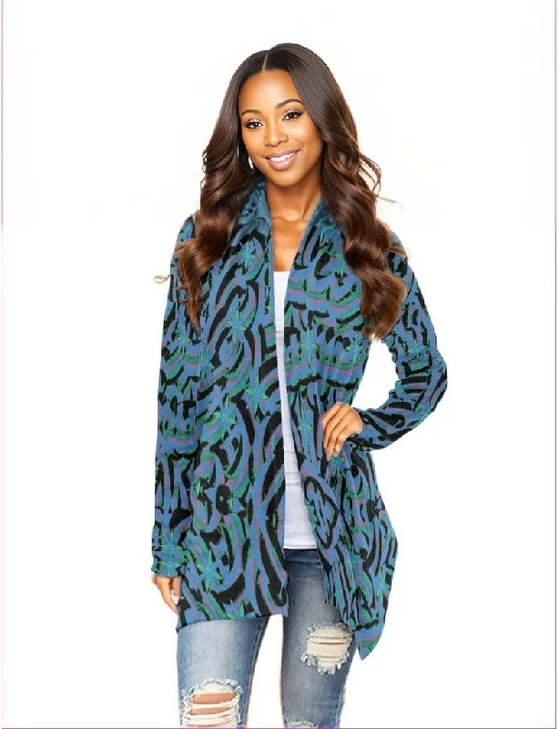 Abstract Blue Womens Cardigan With Long Sleeve Transparent Opaque Sheer
