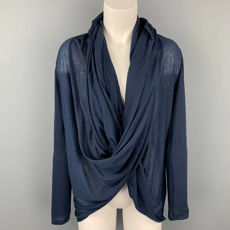 ALICE + OLIVIA Base Size S Navy Jersey Lyocell Wrap Around Cardigan Notch Collar Peter Pan Collar Cowl Neck ALICE + OLIVIA Base Size S Navy Jersey Lyocell Wrap Around Cardigan Notch Collar Peter Pan Collar Cowl Neck