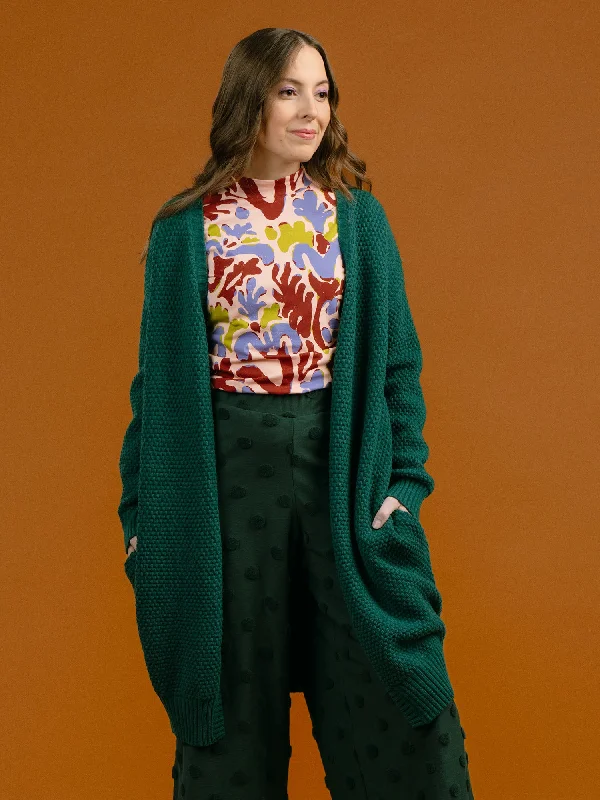 Alma Cardigan Green Silk Blend Satin Velvet