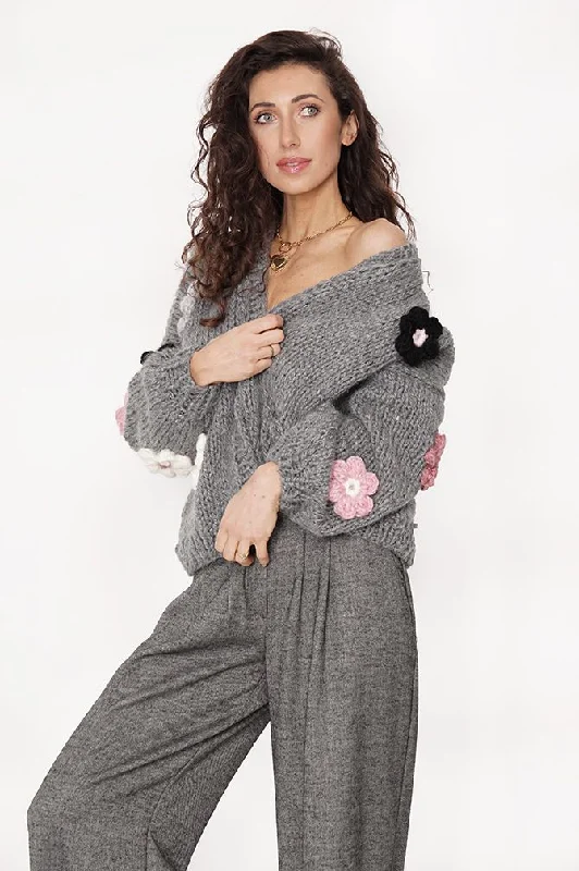 Flower Handmade Cardigan Dark Grey Thin Thick Dense