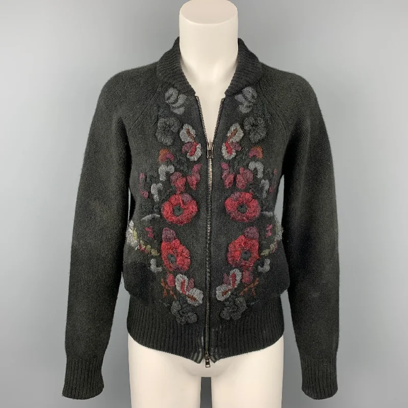 AVANT TOI Size XS Black & Grey Distressed Embroidered Merino Wool / Cashmere Cardigan Hooded Caped Shawl Collar AVANT TOI Size XS Black & Grey Distressed Embroidered Merino Wool / Cashmere Cardigan Hooded Caped Shawl Collar