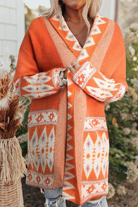 Aztec Print Open Front Knitted Cardigan Chenille Fabric Brocade Fabric Lace Fabric