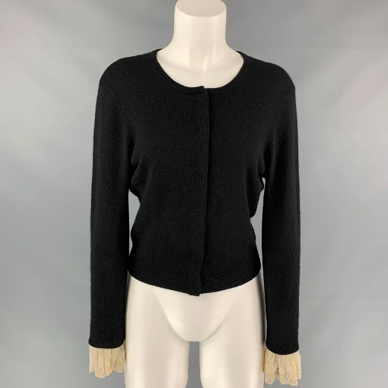BEHNAZ SARAFPOUR Size M Black & Cream Silk / Cashmere Cardigan Stretchy Elastic Breathable BEHNAZ SARAFPOUR Size M Black & Cream Silk / Cashmere Cardigan Stretchy Elastic Breathable