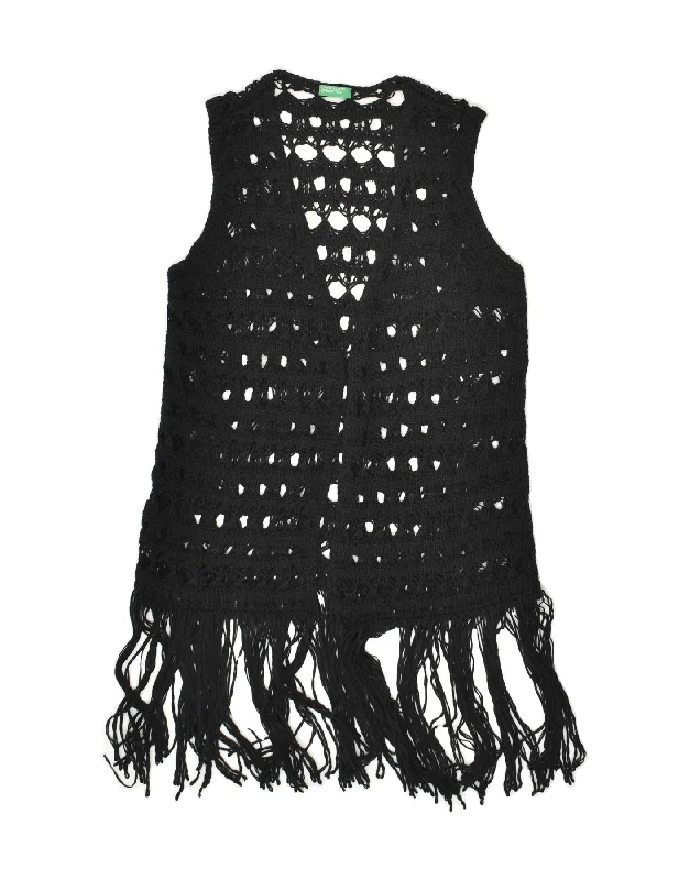 BENETTON Womens Sleeveless Cardigan Sweater UK 6 XS Black Cotton Collared Crew Neck Turtle Neck BENETTON Womens Sleeveless Cardigan Sweater UK 6 XS Black Cotton Collared Crew Neck Turtle Neck