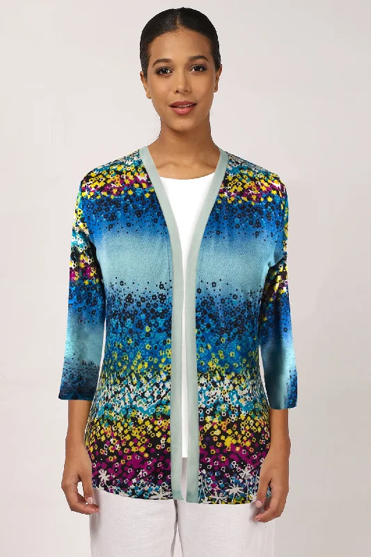 Blue Floral Silk Cardigan Casual Formal Business