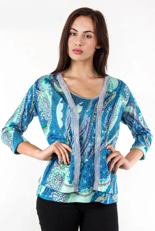 Blue Paisely Silk wool Cashmere Cardigan Ribbed Striped Patterned