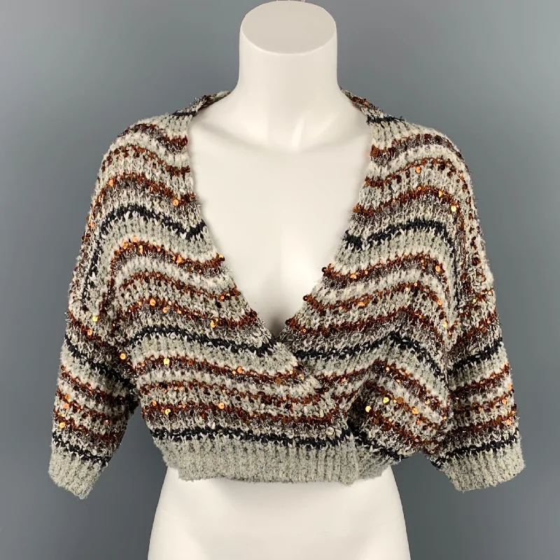 BRUNELLO CUCINELLI Multi-Color Sequin Cotton Blend Cropped Cardigan Zippered Front Buttoned Front Snap Front BRUNELLO CUCINELLI Multi-Color Sequin Cotton Blend Cropped Cardigan Zippered Front Buttoned Front Snap Front