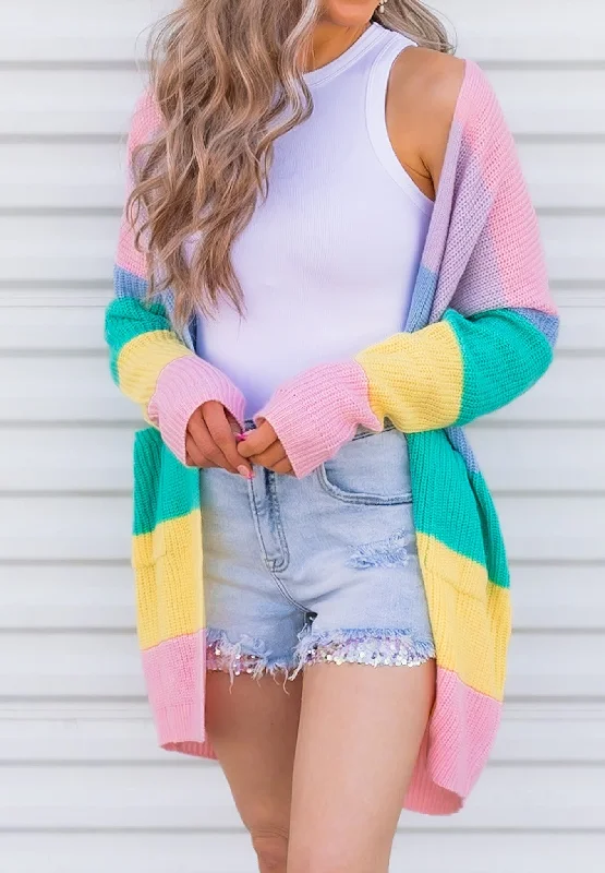 Cotton Candy Striped Color Block Cardigan Cable Knit Ribbed Knit Lace Knit