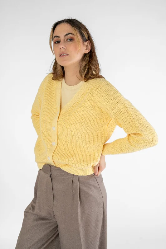 Cropped Cardigan Yellow Boat Neck Shawl Collar Notched Collar