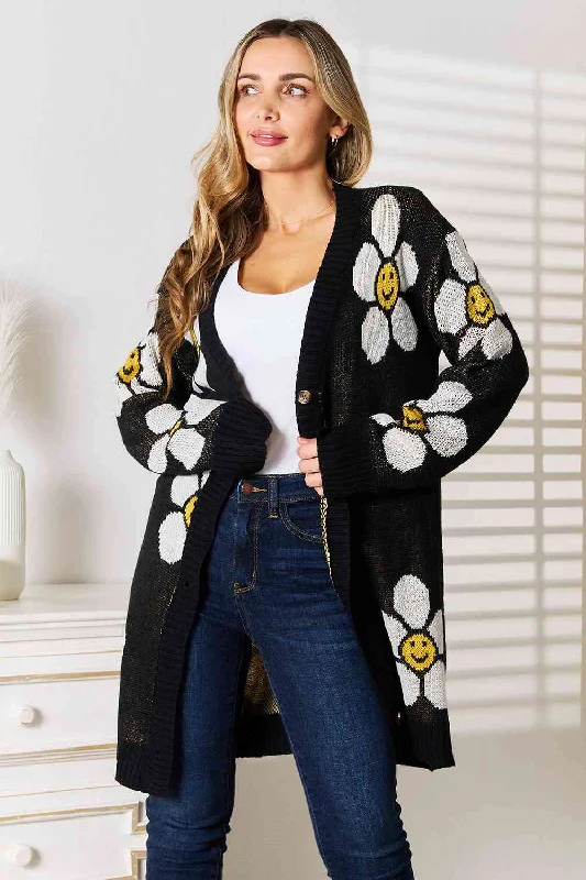 Double Take Floral Button Down Longline Cardigan Seamless Knitted Crochet
