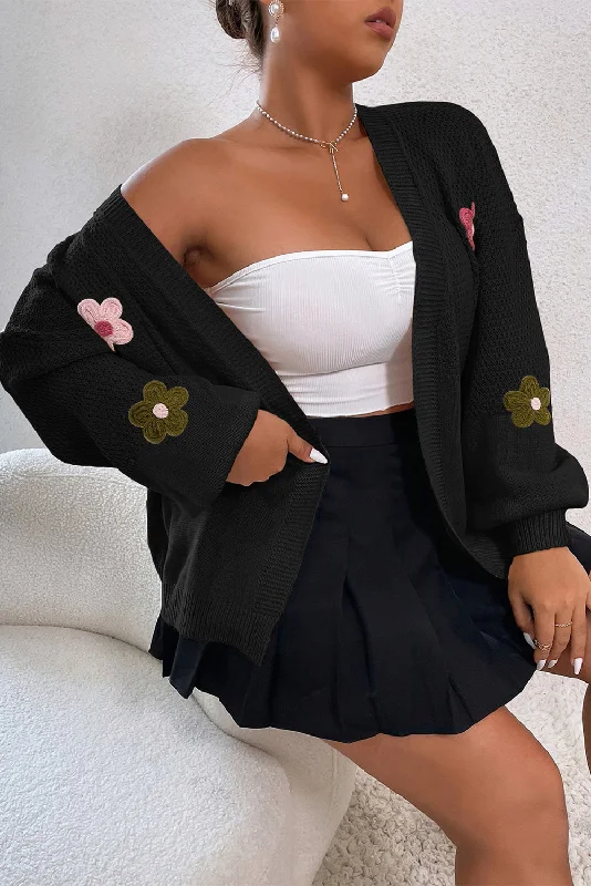 Floral Applique Drop Shoulder Bubble Sleeve Cardigan Elegant Classic Vintage
