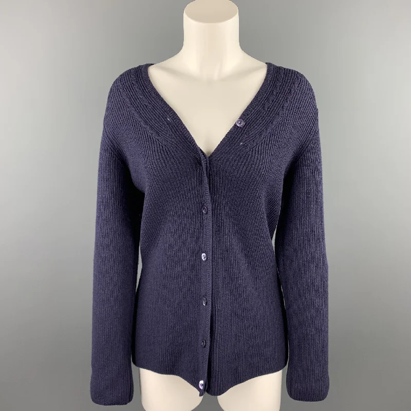 JAEGER Size M Navy Ribbed Merino Wool Buttoned Cardigan Terry Blend Velvet Blend Canvas Blend