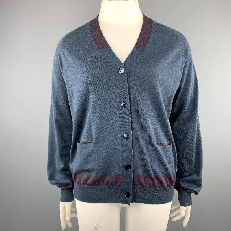 JIL SANDER Size 12 Navy & Plum Color Block Cashmere Blend Cardigan Oversized Loose Flowy JIL SANDER Size 12 Navy & Plum Color Block Cashmere Blend Cardigan Oversized Loose Flowy