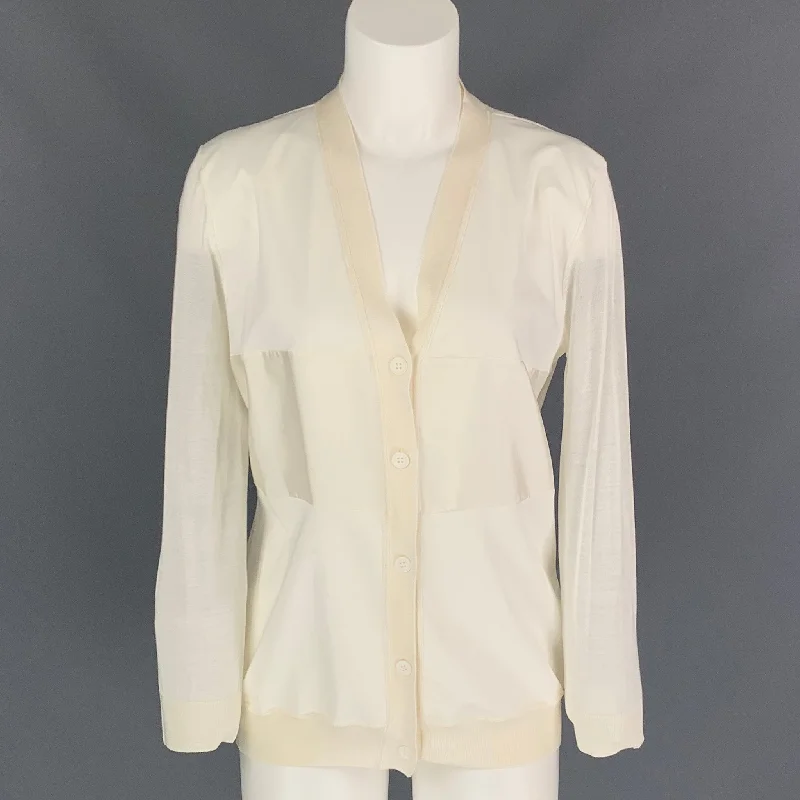 JIL SANDER Size 4 Cream Silk / Cotton Cardigan Patchwork Embroidered Appliqued
