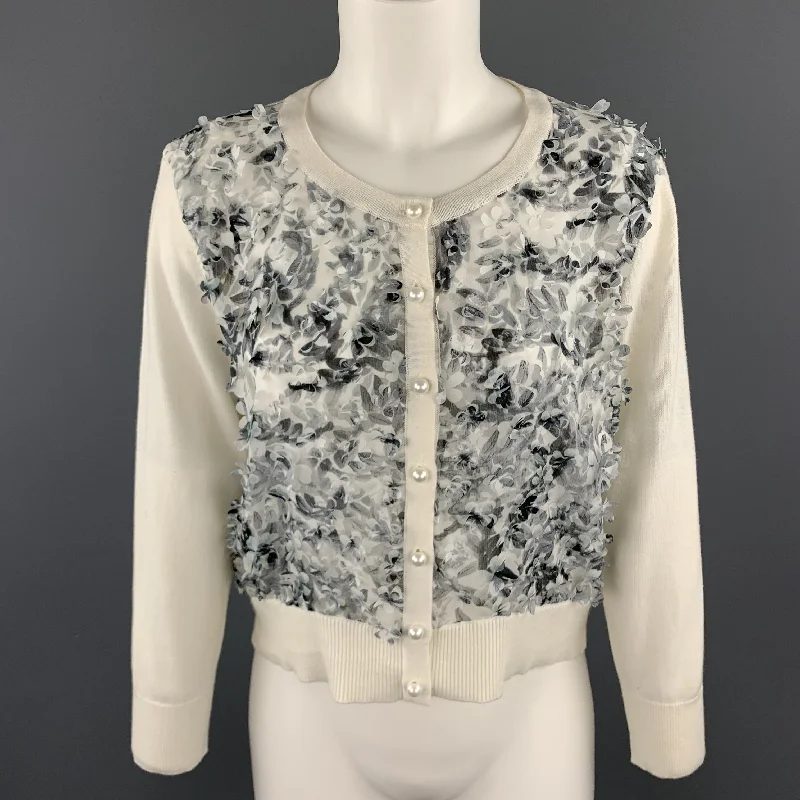 KARL LAGERFELD Size M White Knit Floral Textured Chiffon Front Cardigan Jersey Fabric Tulle Fabric Batik Fabric KARL LAGERFELD Size M White Knit Floral Textured Chiffon Front Cardigan Jersey Fabric Tulle Fabric Batik Fabric