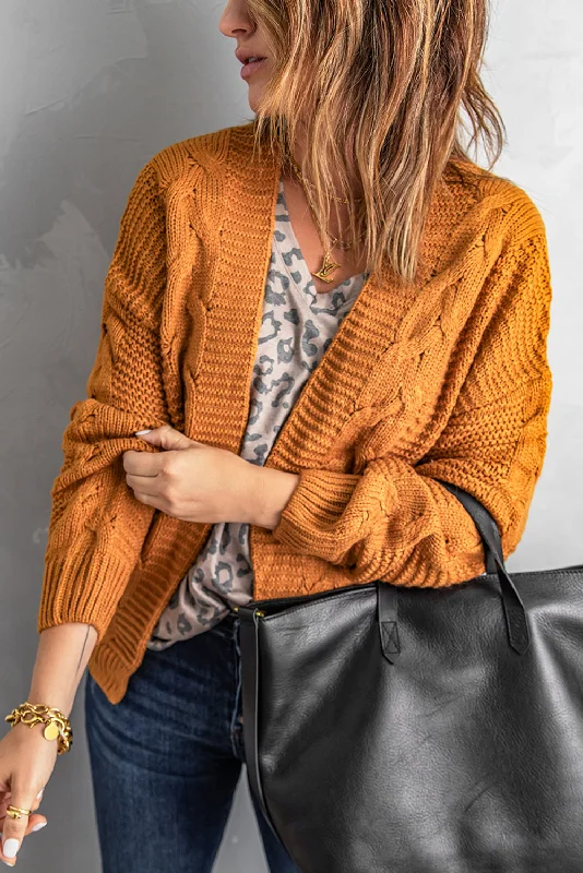 Khaki Chunky Wide Long Sleeve Knit Cardigan Satin Blend Silk Blend Wool Blend