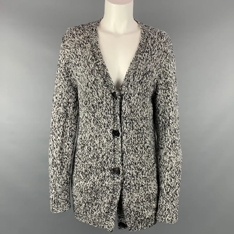 L'AGENCE Size M Navy & Grey Knitted Merino Wool Oversized Cardigan Chenille Brocade Lace