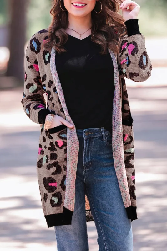 Leopard Contrast Trim Pocketed Open Cardigan Transparent Opaque Sheer