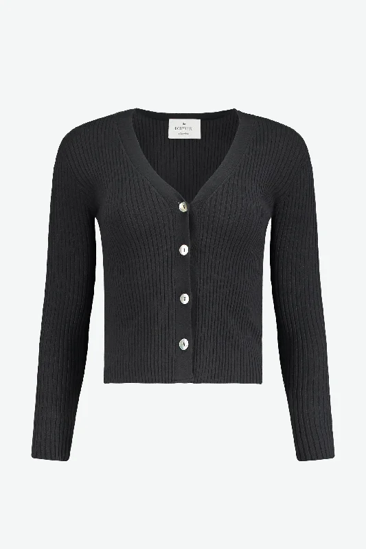 Lima Cardigan Ebano Black Solid Color Striped Floral Print