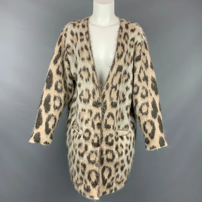 LOEWE Size XS Taupe Mohair Blend Leopard Print Long Cardigan Striped Floral Plaid