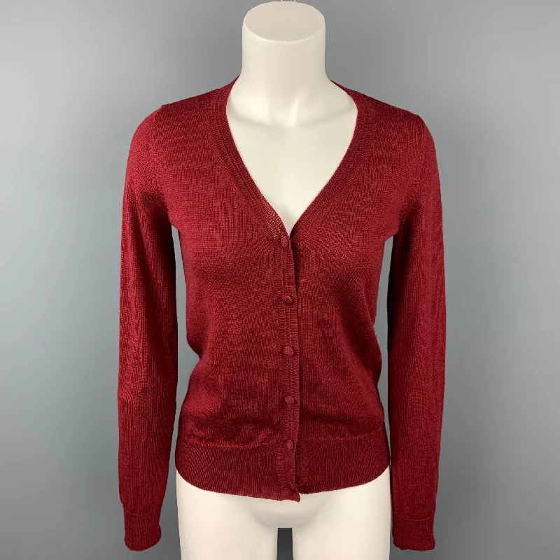 MAISON MARTIN MARGIELA Size S Burgundy Wool Cardigan Boat Neck Shawl Collar Notched Collar MAISON MARTIN MARGIELA Size S Burgundy Wool Cardigan Boat Neck Shawl Collar Notched Collar