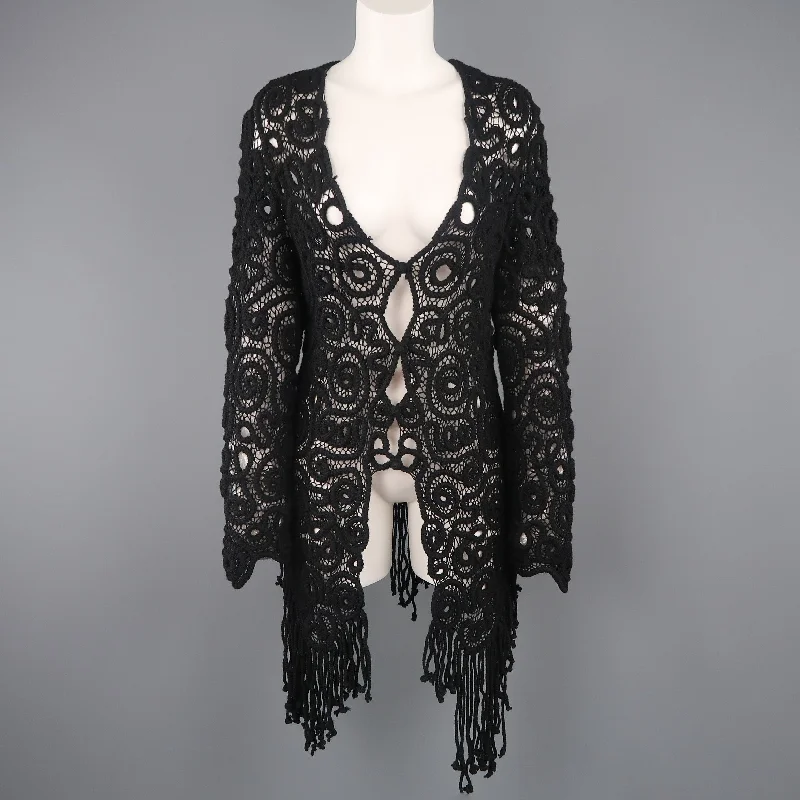 MATSUDA Size M Black Wool Crochet Fringe Cardigan Ribbed Striped Patterned