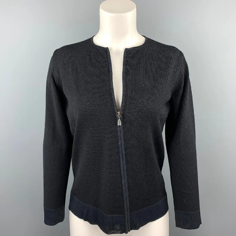 MAX MARA Size S Black Knitted Virgin Wool Blend Cardigan Ribbed Striped Patterned