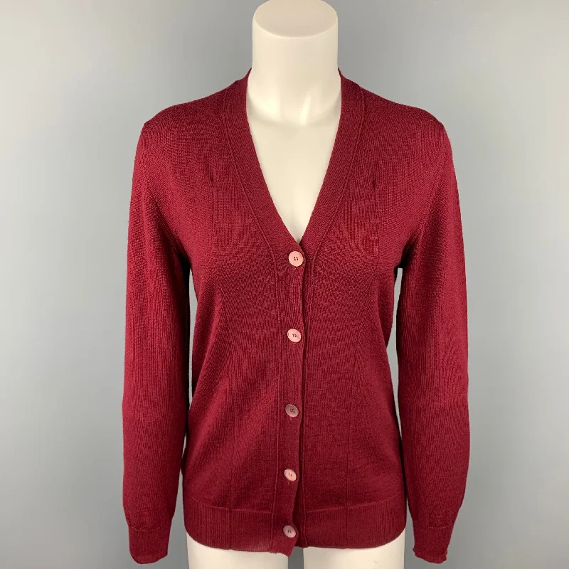 MIU MIU Size 4 Burgundy Knitted Wool Buttoned Cardigan Real Fur Shearling Chenille