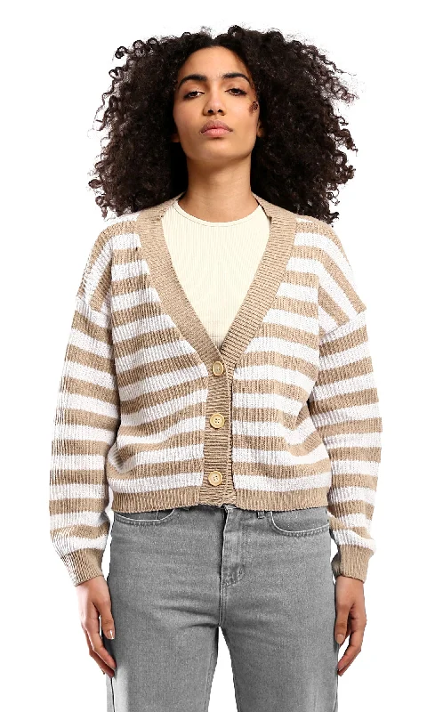 O173656 Dark Beige & White Long Sleeves Short Cardigan Anti-Pilling Anti-Shrink Durable O173656 Dark Beige & White Long Sleeves Short Cardigan Anti-Pilling Anti-Shrink Durable