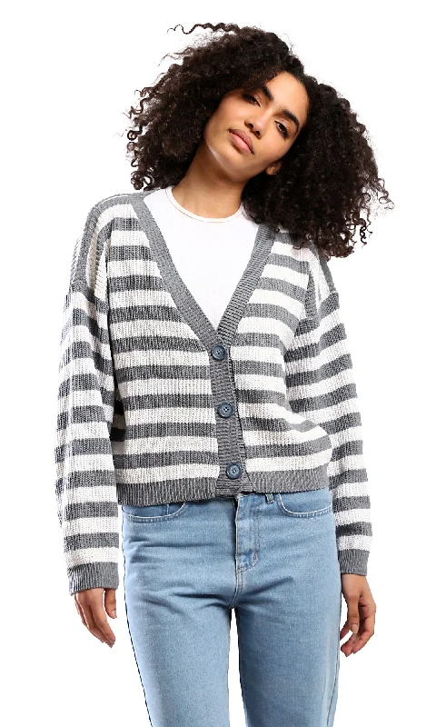 O173658 Knitted Short Cardigan With Front Buttons - Grey & White Handmade Hand-knitted Hand-woven O173658 Knitted Short Cardigan With Front Buttons - Grey & White Handmade Hand-knitted Hand-woven