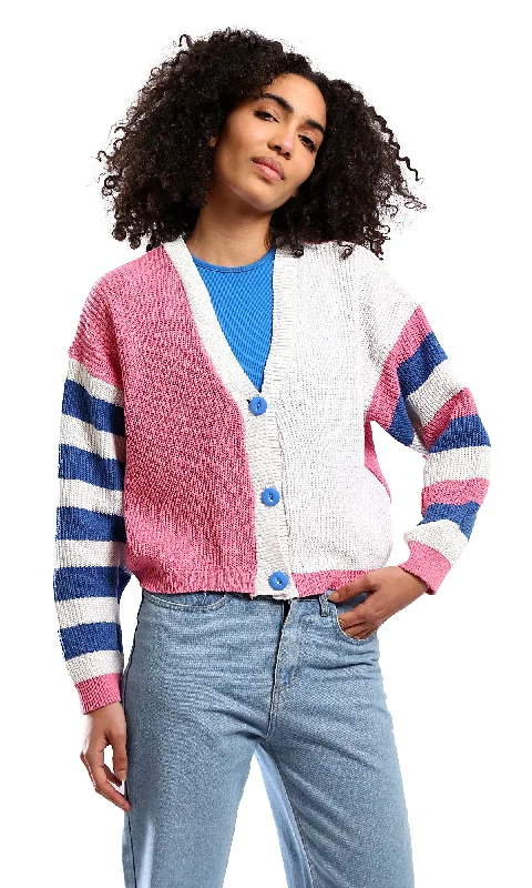 O173661 Knitted Short Cardigan With Striped Sleeves - Navy Blue & Pink Real Fur Shearling Chenille O173661 Knitted Short Cardigan With Striped Sleeves - Navy Blue & Pink Real Fur Shearling Chenille