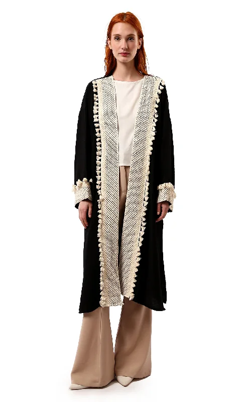 O178808 Crochet Neckline Slip On Black Long Cardigan Cardigan Knitwear Sweater